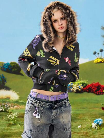 Teletubbies X ROMWE Sweat-shirt-shirt femme drôle à col en fausse fourrure patchwork vintage Y2K