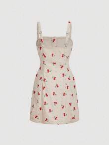 SHEIN MOD Women's Summer Casual Cherry Embroidery Front Buckle Dress, Suitable For Dates, Daily Casual Wear, Valentine's Day, Afternoon Tea.Beige Cherry Print Dress Red Fruit Pattern Green Accents Mini Length Button Front Sleeveless Adjustable Straps Fitted Silhouette Subtle Stripes Playful Cute Soft Texture Lightweight Feminine Classic Gentle Breathable Summery Delicate Charming Casual Style - Multicolor - View 2