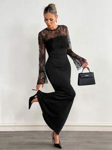 Siren Gaze Bộ đồ nữ gồm áo ren trơn màu thanh lịch và váy cúp ngực ôm sát, trang phục 2 mảnh duyên dáng dành cho phái đẹp. - màu đen - Xem 3