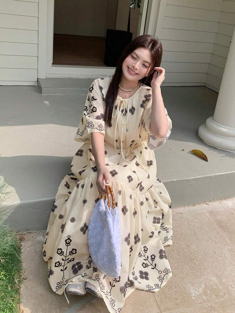 Dazy Plus Ditsy Floral Tie Collar Waist Cinched Elegant Vacation Style Ruffle Sleeve Dress Sundress