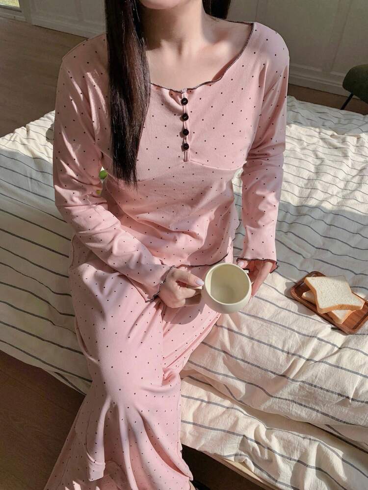 Dazy Plus 2pcs Plus Size Women Polka Dot Tight Long Sleeve Top And Straight Leg Pajama Pants Set, Sleepwear For Spring And Autumn