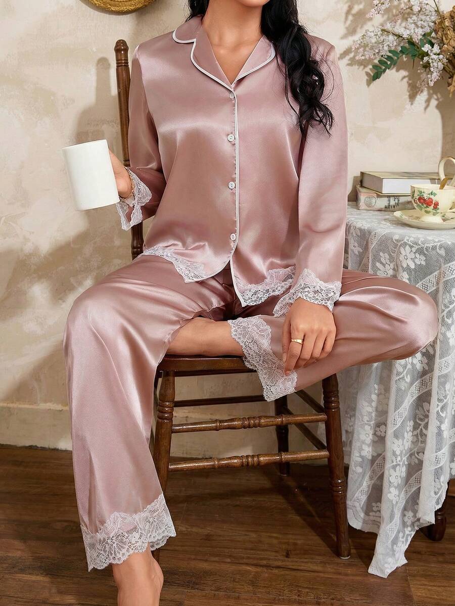 Côtesoire Ladies' Lace Trimmed Satin Pajama Set, Fall Winter Clothes - Dusty Pink - View 1