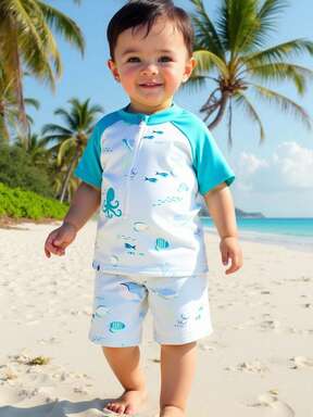 1 pieza Conjunto de traje de baño para bebé/niño pequeño con estampado lindo de animales subacuáticos, de tela de punto elástica y cómoda, adecuado para playa, piscina, vacaciones, verano, viajes