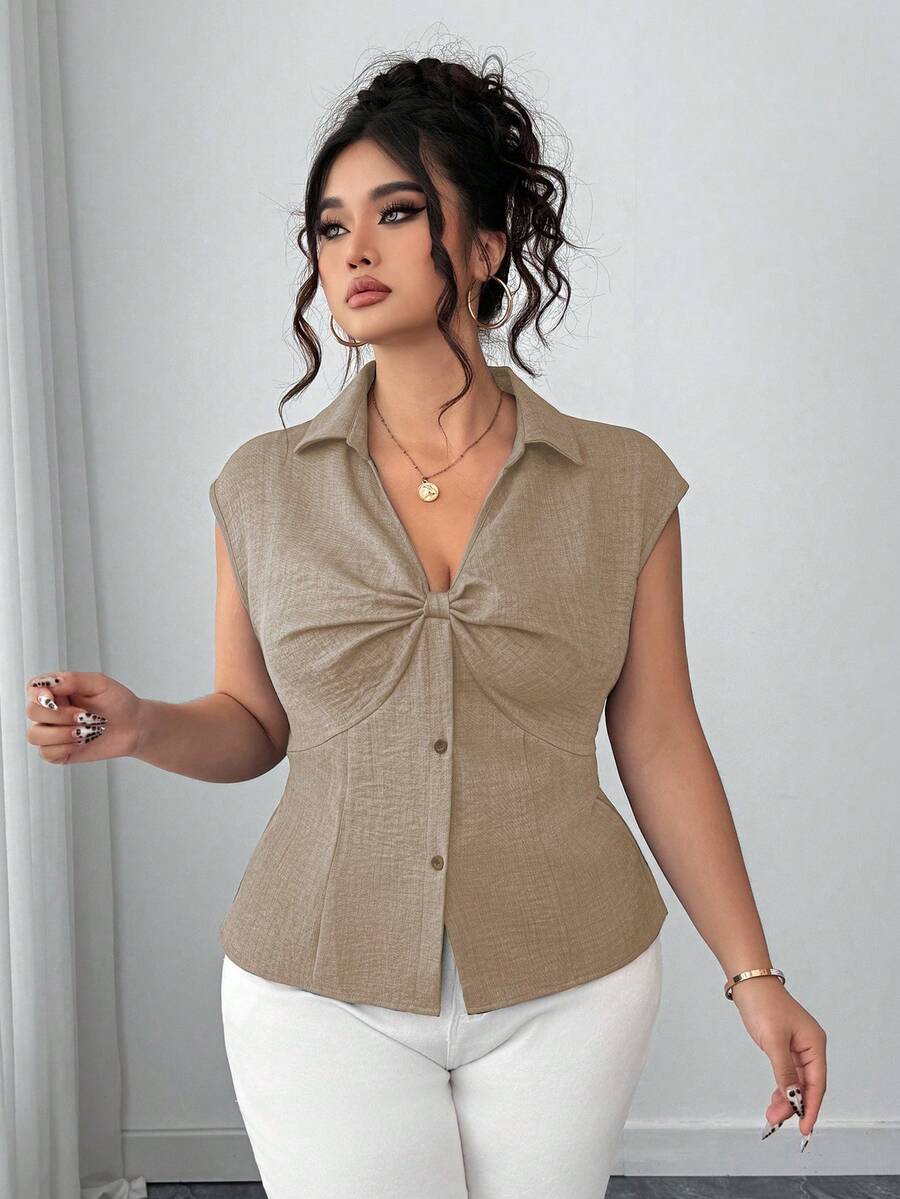 Elenzga Plus Size Solid Color Pleated Front Button Elegant Shirt, Summer - Khaki - View 1