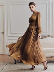 Anewsta Romantic Elegant Party Rhinestone Embellished Waist Dress - Coffee - View 6