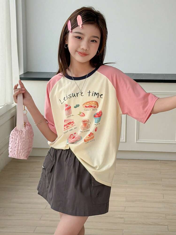 Tween Girls' Casual Colorblock Sweet Print T-Shirt, Summer