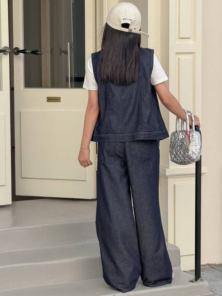 Tween Girls' Casual Front Button Denim Vest And Wide Leg Denim Pants Set