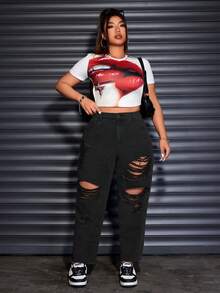 SHEIN ICON 大码纯色做旧斜插口袋休闲百搭牛仔裤 - 黑色 - 查看 5