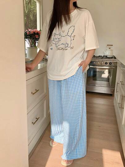 Dazy Plus 大码女式可爱卡通印花短袖上衣和格子宽松睡裤套装，春夏休闲睡衣