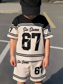 SHEIN Coolqubz 2pcs/Set Boys Casual Stylish Creative Personalized Refreshing High-End Simple Numeric 67 Striped Black & Beige Graphic Letter Slogan Print Relaxed T-Shirt And Shorts Set, Comfortable Daily Wear, Suitable For Spring, Summer, Autumn Boy 7y Clothing Boy Jersey Outfits Big Boy Clothes Boy 2 Piece Set - Multicolor - View 3