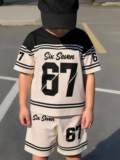 SHEIN Coolqubz Set de 2 piezas de camiseta y pantalones cortos casuales y elegantes para niños con estampado numérico 67, rayas en negro y beige, y eslogan gráfico, cómodo para uso diario, adecuado para primavera, verano y otoño