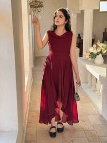 DAZY Tween Girl Solid Color Asymmetric Hem Elegant Dress - Burgundy - View 5