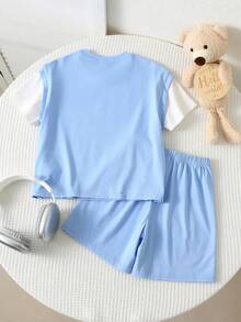 SHEIN 2pcs/Set Young Boys Casual Collegiate Cute Bear Print Round Neck Short Sleeve Top And Elastic Waist Shorts Set,Suitable For Summer,School,Daily Wear - Blue - View 4