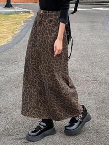 DAZY Teen Girl Leopard Print Slant Pocket Casual Denim Mini Skirt