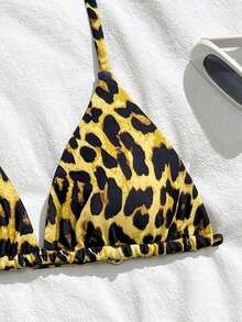SHEIN 少女豹纹露背比基尼套装，带系带裙 - 黃色 - 查看 4