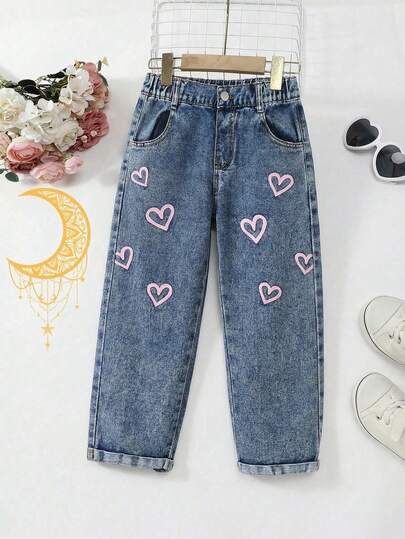 New Arrival: Pink Heart-Print Denim Jeans For Toddlers. Suitable For All Seasons. Light Blue Denim Color, Elastic Waistband For Comfortable Wear, Cute Heart Print, Comfortable Fine Cotton Denim Fabric, Straight Leg Fit. Perfect For Everyday Wear, School, Commuting, And More. New Arrival: Adorable Girls' Jeans.