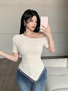 Modelyn Apricot Jacquard Asymmetric Collar Pearl Tassel Elegant Casual T-Shirt, Suitable For Dates And Outings In Autumn - Apricot - View 5