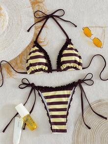 Swim Mod Set de 2 piezas de traje de baño con parte superior halter con espalda descubierta y unicolor/estampado sexy para mujer, verano - Marrón - Ver 1