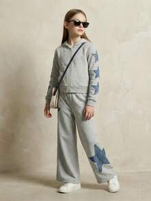 SHEIN Explorewe Conjunto de sudadera con capucha de unicolor con estampado de estrellas para niñas, otoño/invierno - Gris - Ver 2