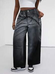 Slaydiva Plus Size Women High Waist Pockets Chain Print Loose Fit Flare Leg Jeans - Black - View 7