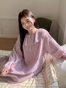 Dazy Plus Casual Ruffled Collar Loose Flare Sleeve Long Plaid Nightgown, Pink Sleepwear For Girls - Pink - View 1