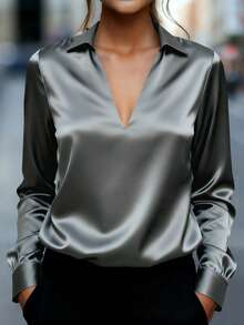 Balvessa Women's Solid Color Elegant Deep V-Neck Pullover Blouse - Grey - View 1