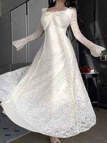 DAZY 法式蕾丝蝴蝶结腰身连衣裙，精致高端修身长款女士吊带裙 - 杏色 - 查看 4