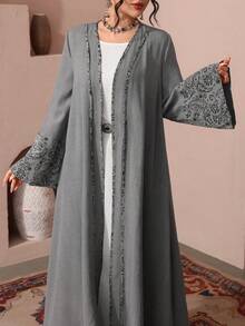 SHEIN Najma Women's Elegant Paisley Print Flare Sleeve Loose Abaya Robe, Resort Style - Grey - View 2