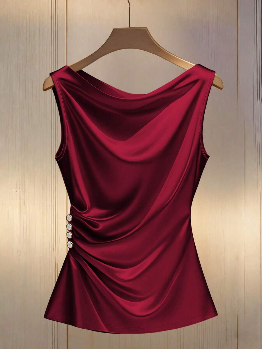 Franclia 优雅修身褶裥装饰纽扣收腰女士吊带衫 - 酒紅色 - 查看 1