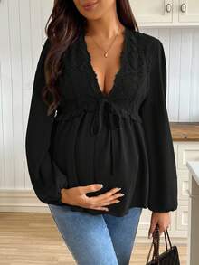 SHEIN 孕妇休闲百搭纯色蕾丝拼接衬衫 - 黑色 - 查看 4