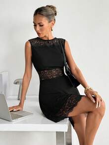 Siren Gaze 女士优雅蕾丝拼接透视收腰迷你连衣裙，夏季 - 黑色 - 查看 1