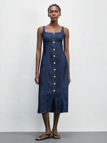 Maija 女士时尚前扣无袖牛仔连衣裙，适合通勤 - 深色水洗藍 - 查看 5
