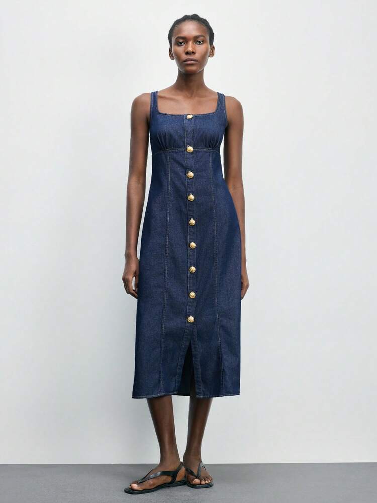 SHEIN Maija Women's Raw Denim Dress, Elegant Square Neckline, Fitted Dress With Gold Metal Buckle, Summer French Style, Date-Appropriate Slip Dress.Summer Outfits