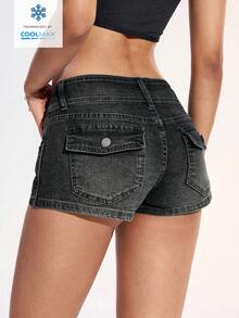 SHEIN Unity EZwear Women's Fashionable Elastic Denim Shorts With Pockets - Black - View 3