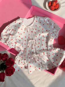 Comfortcana Women's Valentine's Day Heart Print Tie Front Shirt Valentine Clothes - White - View 2