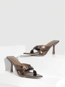 CUCCOO SZL Elegant Rose Gold Stiletto Mule Shoes - Women's Open Toe Buckle Strap Party Shoes - Coffee Brown - View 3