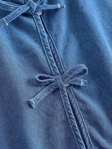 SHEIN 2Pcs Teen Girls Fashion Casual Y2k Vintage Cool Street Two Pieces Set Of Comfortable Blue Denim Sleeveless Vest With Ruffled Edges And Comfortable Loose Elastic Waistband Jeans For Kids Clothes Teen Girls Dailywear And Kids Spring And Summer Rave Outfits Festival And Outfits Streetwear Clothes - Blue - View 3