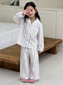 DAZY 女童碎花长袖纽扣上衣和裤子睡衣套装 春季 - 白色 - 查看 2