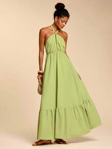 Travachic Einfarbiges Kleid mit Bindedetail am Hals, rückenfreier Lässig Urlaubskleid - Grün - Übersicht 3
