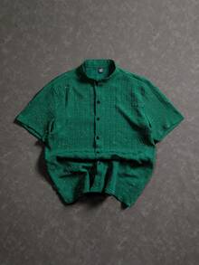 Manfinity Roghcode Men's Solid Color Mandarin Collar Single-Breasted Casual Versatile Commuting Short Sleeve Shirt - Dark Green - View 8
