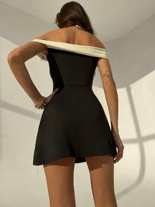 Aloruh Đầm ngắn ôm sát, phối màu, trễ vai, thanh lịch dành cho nữ. - Đen và trắng - Xem 2