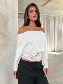 Aloruh Solid Color Lace Patchwork Asymmetric Collar Elegant Long Sleeve T-Shirt White Lace Top White Long Sleeve Top - White - View 4