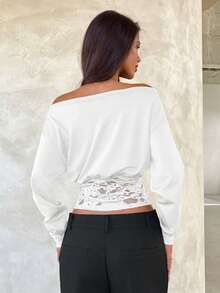 Aloruh Solid Color Lace Patchwork Asymmetric Collar Elegant Long Sleeve T-Shirt White Lace Top White Long Sleeve Top - White - View 7