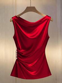 SHEIN Franclia Camisola feminina elegante, ajustada, com pregas decorativas, fechamento por botões e cintura marcada. - Vermelho - Ver 3