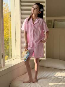DAZY Tween Girls Striped Short Sleeve Shorts Pajama Set, Tween Girl Fall Clothes Summer - Pink - View 4