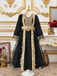 2pcs/Set Tween GirlsMesh Trim Cardigan & Sequin Collar Long Sleeve Dress, Suitable For Outings, Commuting, And Party Occasions - Black - View 3