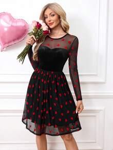 SHEIN Clasi Đầm dự tiệc dài tay midi bằng nhung bóng phối ren và ánh nhũ bạc dành cho nữ - Đỏ và đen - Xem 3