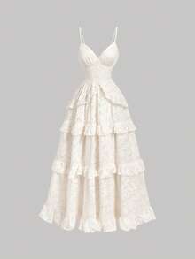 SHEIN MOD 杏色花卉提花露背吊带连衣裙，饰有超大蝴蝶结，梦幻浪漫优雅，层叠荷叶边点缀，适合约会、派对、假日、下午茶、生日装扮、夏季女装、复活节装扮、沙滩装扮、度假装扮、夏季、音乐会装扮、锐舞派对装扮、邮轮装扮、西式女装、毕业礼服、迎婴派对礼服、波西米亚风女装、节日装扮等场合。