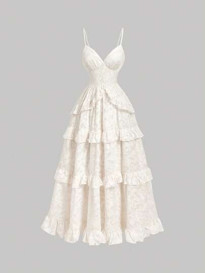 SHEIN MOD 杏色花卉提花露背吊带连衣裙，饰有超大蝴蝶结，梦幻浪漫优雅，层叠荷叶边点缀，适合约会、派对、假日、下午茶、生日装扮、夏季女装、复活节装扮、沙滩装扮、度假装扮、夏季、音乐会装扮、锐舞派对装扮、邮轮装扮、西式女装、毕业礼服、迎婴派对礼服、波西米亚风女装、节日装扮等场合。