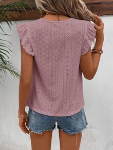 SHEIN Frenchy Eyelet Embroidery Ruffle Trim Round Neck Lace Trimmed Tee - Pink - View 2
